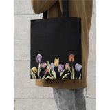 Lale Tasarım Çiçekli Siyah Kanvas Kalın Tote Bag Bez Çanta, Y2k Pinterest Çanta, Kitap Çantası - 10D-Krem