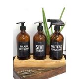 Lalezen 500 ml Ahşap Standlı Bulaşık Deterjanı Sıvı Sabun Mutfak Temizleyici Siyah Etiketli Amber Cam Şişe