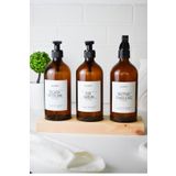 LALEZEN HOME 3lü Ahşap Standlı Sıvı Sabun Bulaşık Deterjanı Mutfak Temizleyici Beyaz Etiketli Amber 500ml