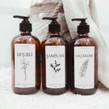 Lalezen Home 3lü Amber Cam Şişe Çiçekli Dusset Set 500ml Duş Jeli- Şampuan - Saç Kremi