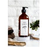 LALEZEN HOME Sıvı Sabunluk Beyaz Çiçek Etiketli 500 Ml Amber Cam Sabunluk