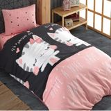 Laliva Çarşafı Lastkli Kedili Çocuk Nevresim Takımı Tek Kişilik Ranforce - 160 x 220 cm - Pembe