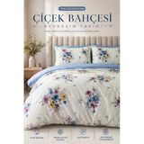 LaLiva Çiçek Bahçem Çift Kişilik -Çarşafı Lastikli-Pamuk Nevresim Takımı-Mavili