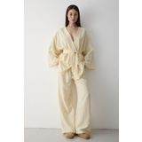 Laluvia Sarı Pamuklu Kimono Bol Paça Pantolon Takım