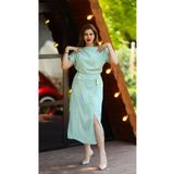 LAMAZONEEXXEN Modern Drapeli "Mint" Beli Tokalı Midi Elbise