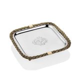 LAMEDORE Black Pearl Halat Detaylı Kare Dekoratif Tepsi 19x19x4 cm – Gümüş Gövde Eskitme Gold Çerçeve