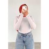 Lamelif Balıkçı Yaka Fitilli Body, Eldiven Detaylı Çizgili, Uzun Kollu, Beyaz, XL Beden