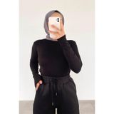 Lamelif Balıkçı Yaka Fitilli Body, Eldiven Detaylı, Uzun Kollu, Siyah, XL Beden