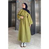 Lamelif Balon Kol Bağlamalı Tesettür Elbise Yağ Yeşili Pamuk - Polyester Düz Desenli Günlük Kullanım İçin