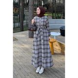 Lamelif Ekose Desen Elbise Çikolata Kahve
