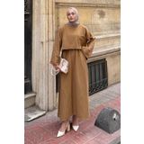 lamelif Etekli Tesettür Takım Camel