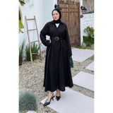 Lamelif Kadın Kemerli Gömlek Yaka Tesettür Elbise, Siyah, Standart Beden