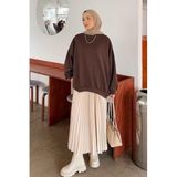 Lamelif Kadın Tesettür Balon Kol Sweatshirt, Kapüşonlu, Manşetli, Acı Kahve, S Beden