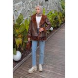 Lamelif Kadın Tesettür Süet Düğmeli Mont, İçi Kürklü Deri, Acı Kahverengi, M Beden