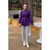 Lamelif Kadın Tesettür Sweatshirt, Yırtmaç Detaylı, İp Bel Bağlama, Mor, L Beden