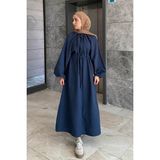 Lamelif Lacivert Balon Kol Bağlamalı Tesettür Elbise Pamuk Polyester Düz Desenli Oversize