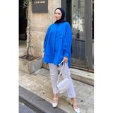 Lamelif Manşeti Biyeli Tunik, Saks Mavisi, Kadın