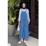 lamelif Ön Cep Detaylı Denim Salopet Elbise Mavi