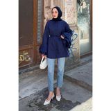 Lamelif Piliseli Uzun Gömlek Lacivert Pamuk - Polyester Malzemeden Düz Desenli Kadın Oversize Model