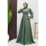 Lamia Giyim İkbal Taşlı Saten Abiye Soft Yeşil