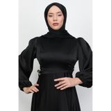 Lamia Giyim Yandan Bağcıklı Kloş Elbise Siyah
