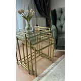 Lamra Dizayn 3'lü Rana Gold Sehpa Şeffaf Camlı Yan Sehpa Zigon Sehpa Metal Sehpa