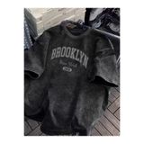 LAND MODA Brooklyn New York Printed T-Shirt - Men's Oversized Heavyweight 100% Cotton Vintage Washed - Loose Street Style Graphic Top with Bold Letter Design,