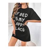 LAND MODA Kadınların Slogan Baskılı Rahat Pijama Elbise, Kısa Kollu Yuvarlak Yaka Tişört Elbise, Rahat Gece