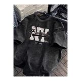 LAND MODA s Heavyweight 230gsm 100% Oversized T-Shirt - Vintage Washed Black & White Brooklyn 1986 Print, Loose Fit Short