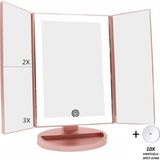 Land Of Myth - 1X-2X-3X-10X Büyütmeli 37 LED Işıklı Makyaj Aynası, 3 Panel, Katlanabilir, Dokunmatik Sensörlü - Rose Gold