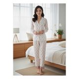 Laperissa Kadın Pijama Takımı Beyaz 46 Kalp Desenli Saten Düğmeli Üst