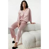 Laperissa Kadın Pijama Takımı Pembe 34 Saten Dokuma Bağcıklı Uzun Kollu 2 Parça Set