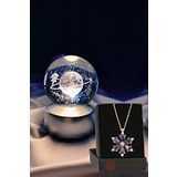 Lapidaria Satürn Temalı Işıklı 3D Led Işıklı Cam Küre ve Lotus Kamelya Çiçeği Kolye