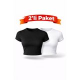 LAPS Kadın 2'li Paket Düz Crop Tişört Basic Pamuk Likralı