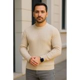 Lara Giyim Erkek Yuvarlak Yaka Kazak Rahat Tam Kalıp Sıfır Saka Fitilli - Krem - XL