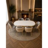 Lara Gold Serisi Krem-A.gri Kumaş 6 Kişilik 90×168 Oval Beyaz Lake Panel Yemek Masası Takımı – Modern Luxury - Krem - Gri