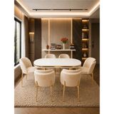 Lara Gold Serisi Krem-Krem Kumaş 6 Kişilik 90×168 Oval Beyaz Lake Panel Yemek Masası Takımı – Modern Luxury