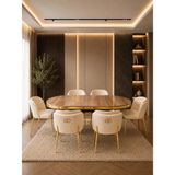 Lara Gold Serisi Krem-Krem Kumaş 6 Kişilik 90×168 Oval Ceviz Lake Panel Yemek Masası Takımı – Modern Luxury