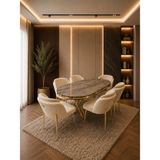 Lara Gold Serisi Krem-Krem Kumaş 6 Kişilik 90×168 Oval Irony Lake Panel Yemek Masası Takımı – Modern Luxury