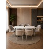 Lara Krom Serisi 6 Kişilik 90×168 Oval Beyaz Lake Panel Yemek Masası Takımı – Modern Luxury - Krem - Gri