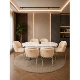 Lara Krom Serisi 6 Kişilik 90×168 Oval Beyaz Lake Panel Yemek Masası Takımı – Modern Luxury - Krem