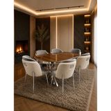 Lara Krom Serisi Krem-A.gri Kumaş 6 Kişilik 90×168 Oval Ceviz Lake Panel Yemek Masası Takımı – Modern Luxury
