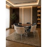 Lara Krom Serisi Krem-Füme Kumaş 6 Kişilik 90×168 Oval Ceviz Lake Panel Yemek Masası Takımı – Modern Luxury