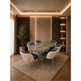Lara Krom Serisi Krem-Füme Kumaş 6 Kişilik 90×168 Oval Irony Lake Panel Yemek Masası Takımı – Modern Luxury