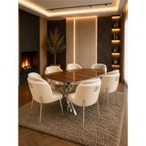 Lara Krom Serisi Krem-Krem Kumaş 6 Kişilik 90×168 Oval Ceviz Lake Panel Yemek Masası Takımı – Modern Luxury