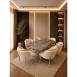 Lara Krom Serisi Krem-Krem Kumaş 6 Kişilik 90×168 Oval Irony Lake Panel Yemek Masası Takımı – Modern Luxury