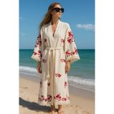 LaraLisa 4 Kat Natürel Müslin Pamuk Kumaş Kimyasal İşlem Görmemiş El Baskılı Kaftan Kimono Peştemal Bornoz