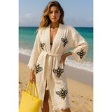 LaraLisa Collection 4 Kat Natürel Müslin Pamuk Kumaş Kimyasal İşlem Görmemiş El Baskılı Kaftan Kimono Peştemal Bornoz Ekru L/XL