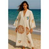 LaraLisa Collection 4 Kat Natürel Müslin Pamuk Kumaş Kimyasal İşlem Görmemiş El Baskılı Kaftan Kimono Peştemal Bornoz Ekru S/M