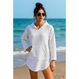 LaraLisa Collection Kapüşonlu Cepli%100 Pamuk Kadın Panço Beyaz XL/2XL